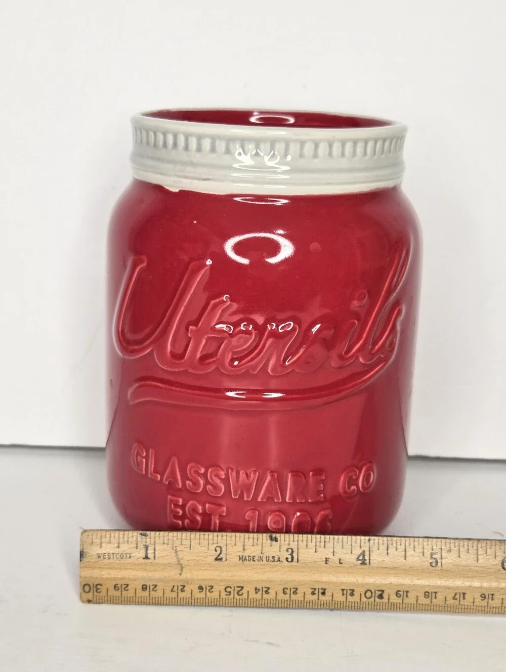 Red Ceramic Mason Jar Crock Utensil Holder Farmhouse Vase‎ Country Decor